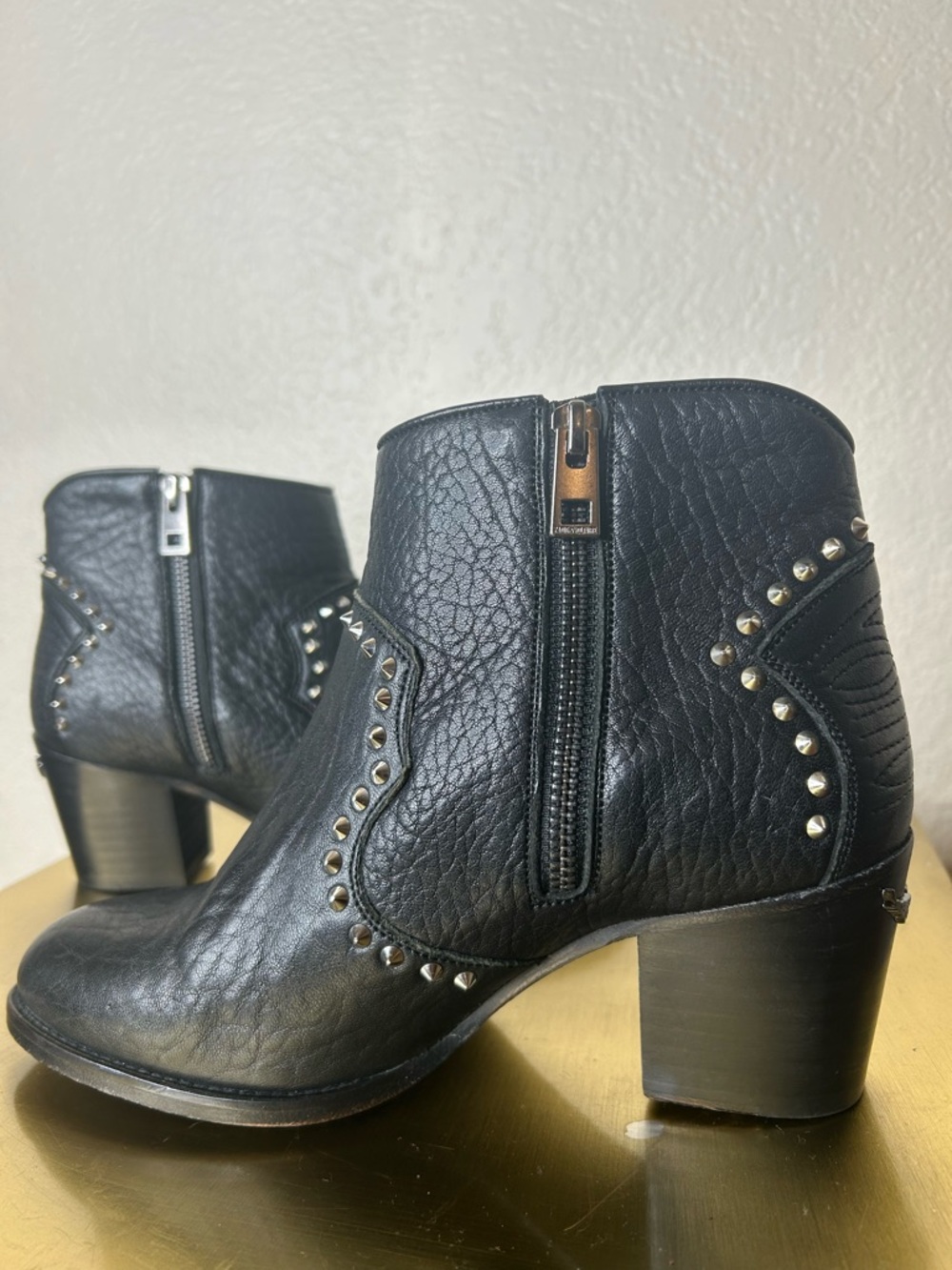 Black Studded Leather Ankle Boots - Women